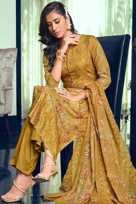 Buy Yellow Muslin Embroidered Dress Material Online - Back