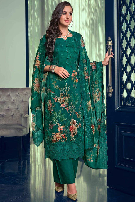 Buy Green Muslin Embroidered Kurta Suit Set Online