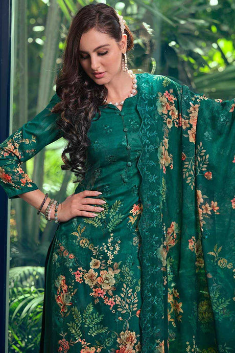 Buy Green Muslin Embroidered Dress Material Online - Back