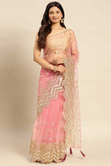 Pink Net Floral Woven Design Saree