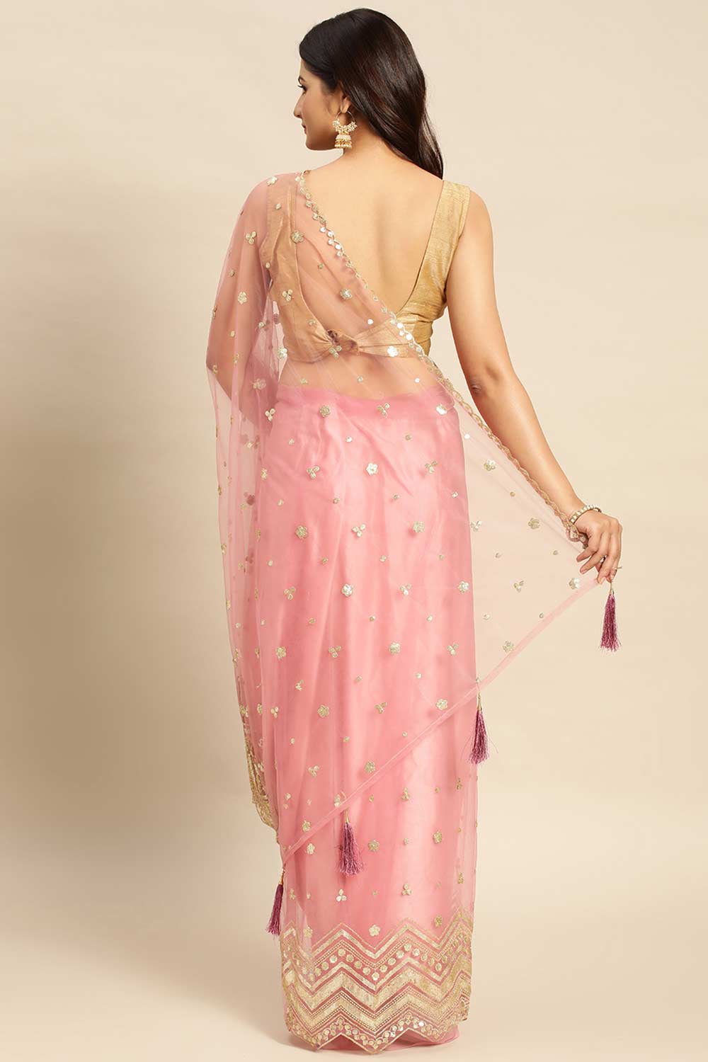 Pink Net Floral Woven Design Saree