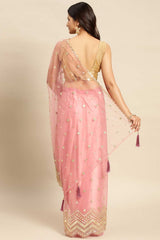 Pink Net Floral Woven Design Saree