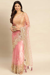 Pink Net Floral Woven Design Saree