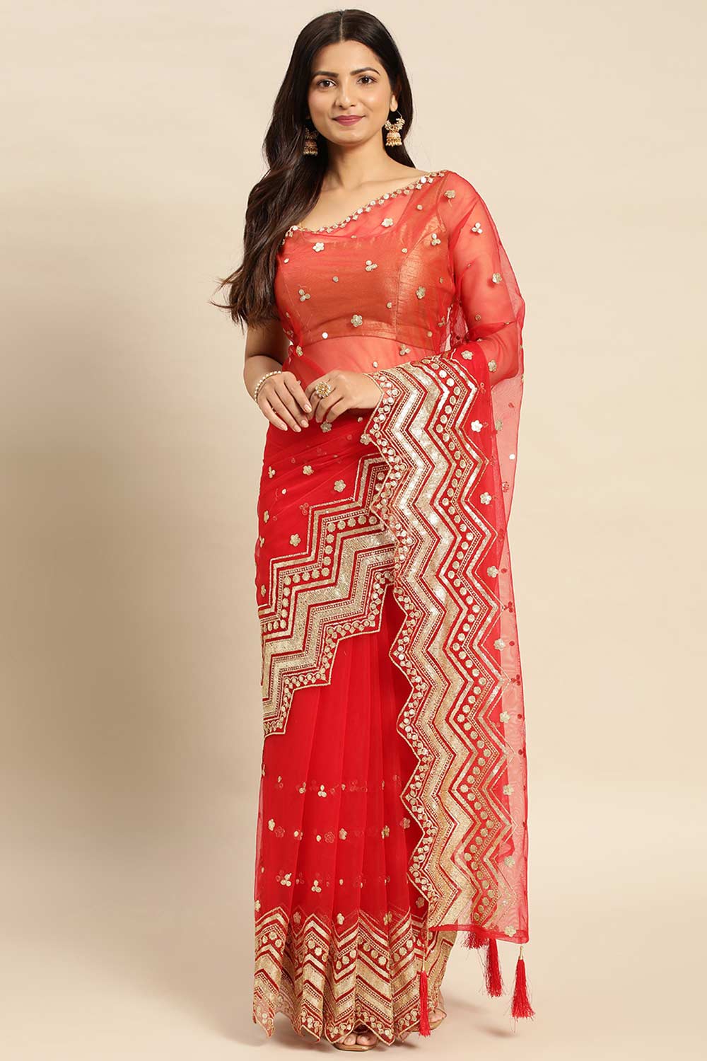 Red Net Floral Woven Design Saree