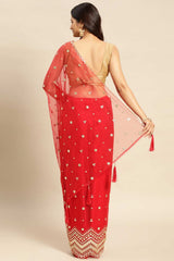 Red Net Floral Woven Design Saree