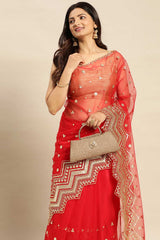 Red Net Floral Woven Design Saree