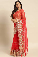 Red Net Floral Woven Design Saree