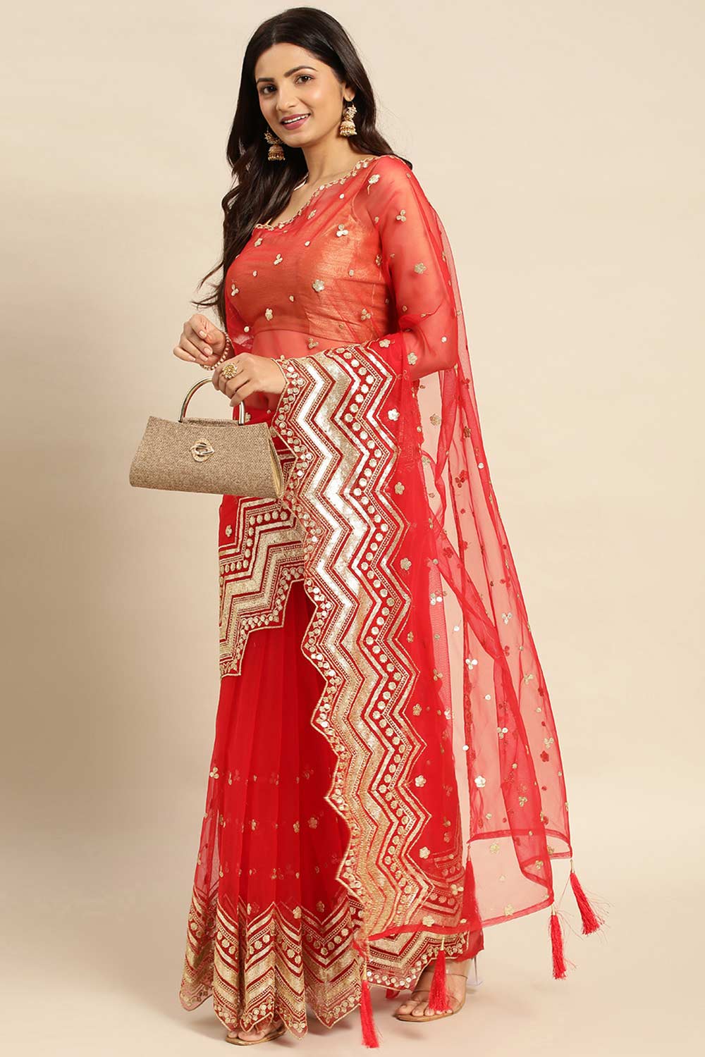 Red Net Floral Woven Design Saree