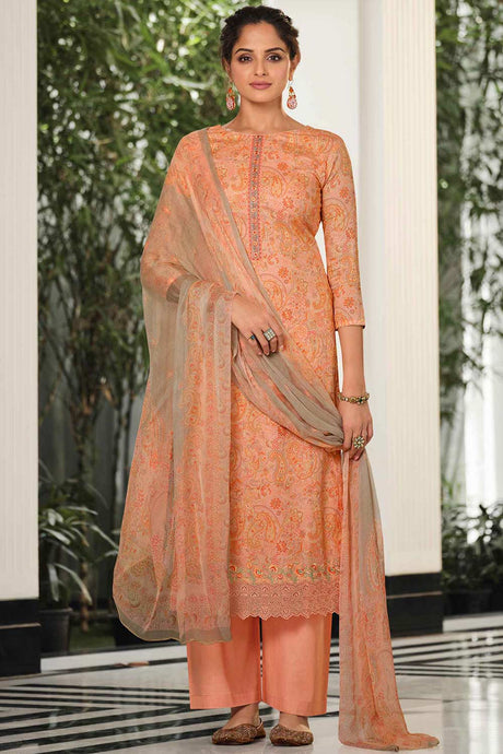 Buy Peach Cotton Digital Printed Kurta Suit Set Online