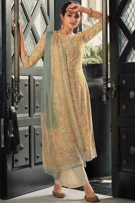 Buy Cream Cotton Digital Printed Kurta Suit Set Online