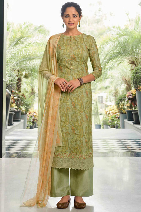 Buy Green Cotton Digital Printed Kurta Suit Set Online