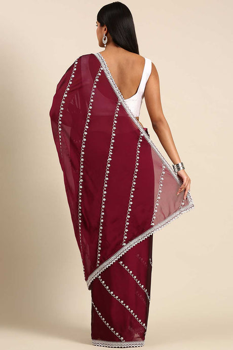 Wine Art Silk Striped Embroidered Saree