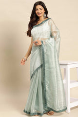 Aqua Blue Pure Georgette Floral Solid Saree