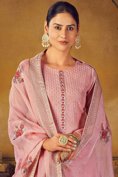 Buy Pink Upada Silk Embroidered Dress Material Online - Back
