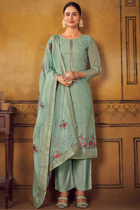 Buy Green Upada Silk Embroidered Kurta Suit Set Online