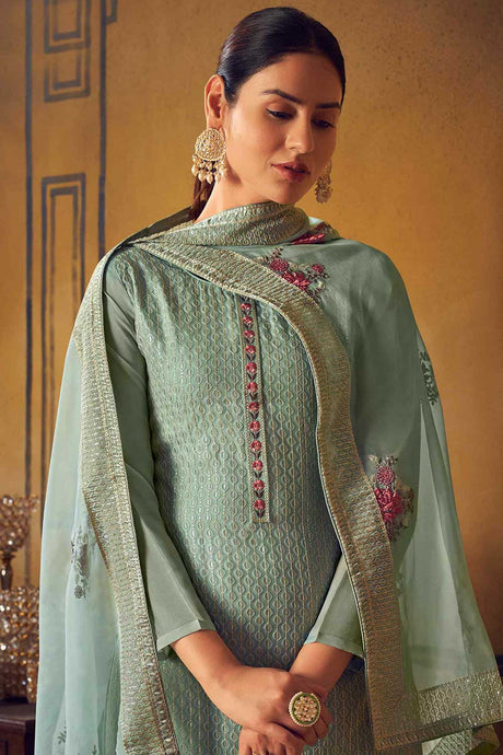 Buy Green Upada Silk Embroidered Dress Material Online - Back