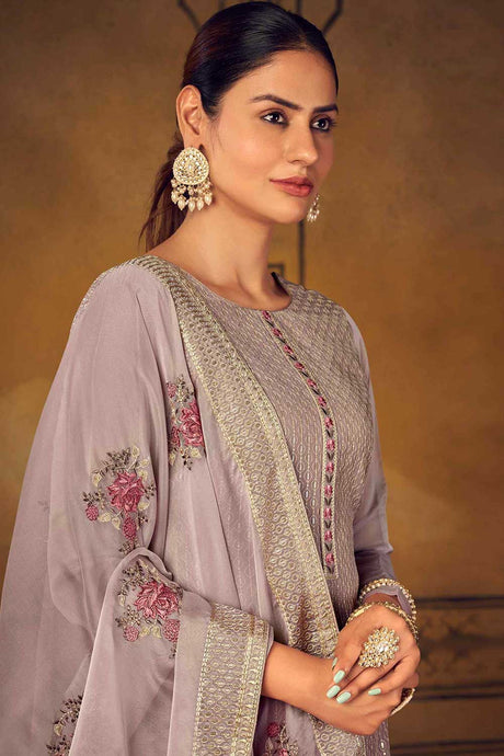 Buy Grey Upada Silk Embroidered Dress Material Online - Back