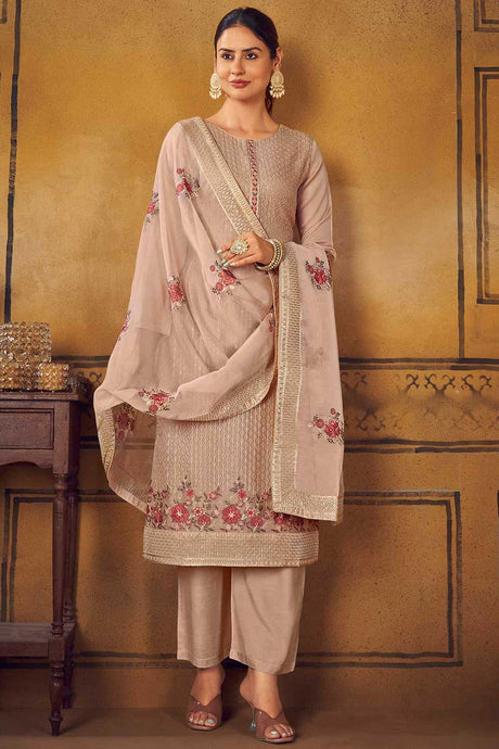 Buy Beige Upada Silk Embroidered Kurta Suit Set Online