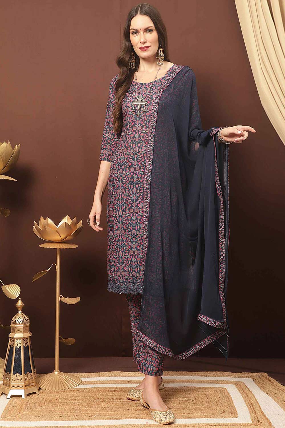 Buy Navy Blue Cotton Blend Digital Printed Kurta Suit Set Online