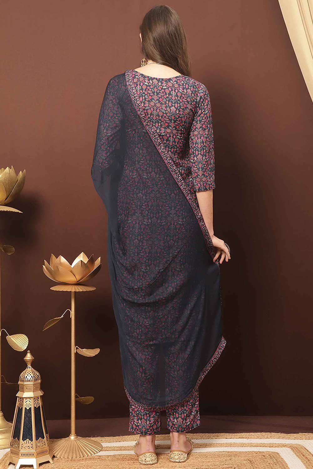 Buy Navy Blue Cotton Blend Digital Printed Dress Material Online - Back