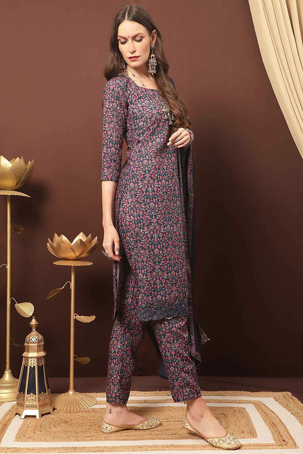 Buy Navy Blue Cotton Blend Digital Printed Dress Material Online - Front