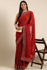 Maroon Art Silk Solid Embroidered Saree