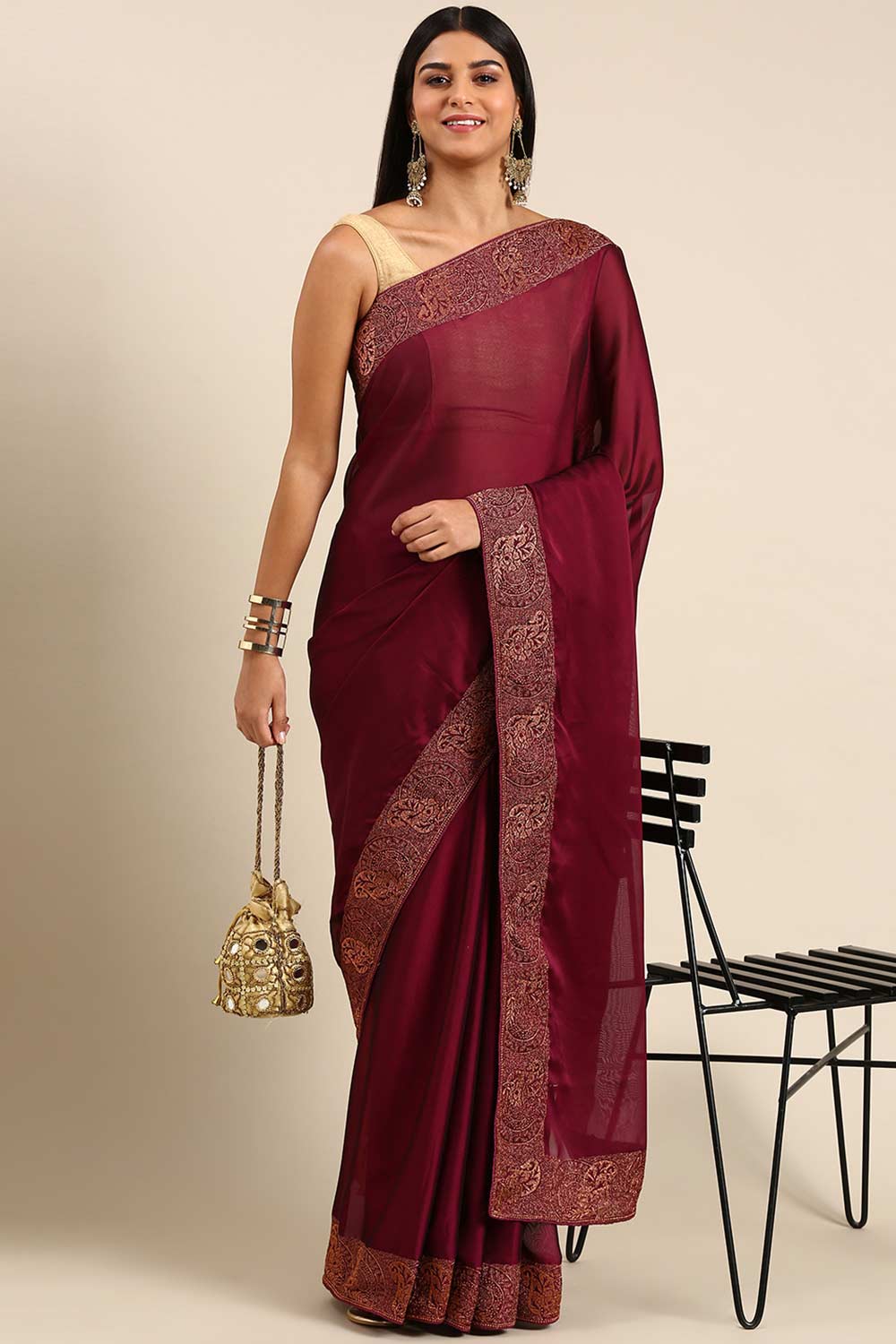 Wine Art Silk Solid Embroidered Saree