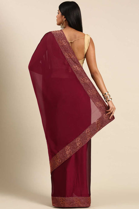 Wine Art Silk Solid Embroidered Saree