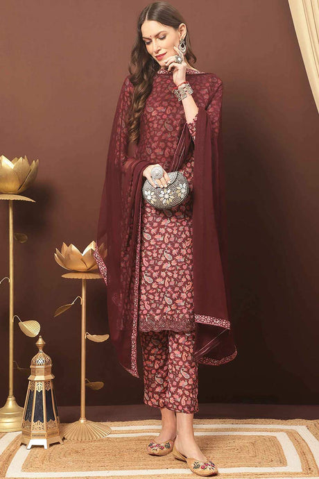 Buy Maroon Cotton Blend Digital Printed Kurta Suit Set Online