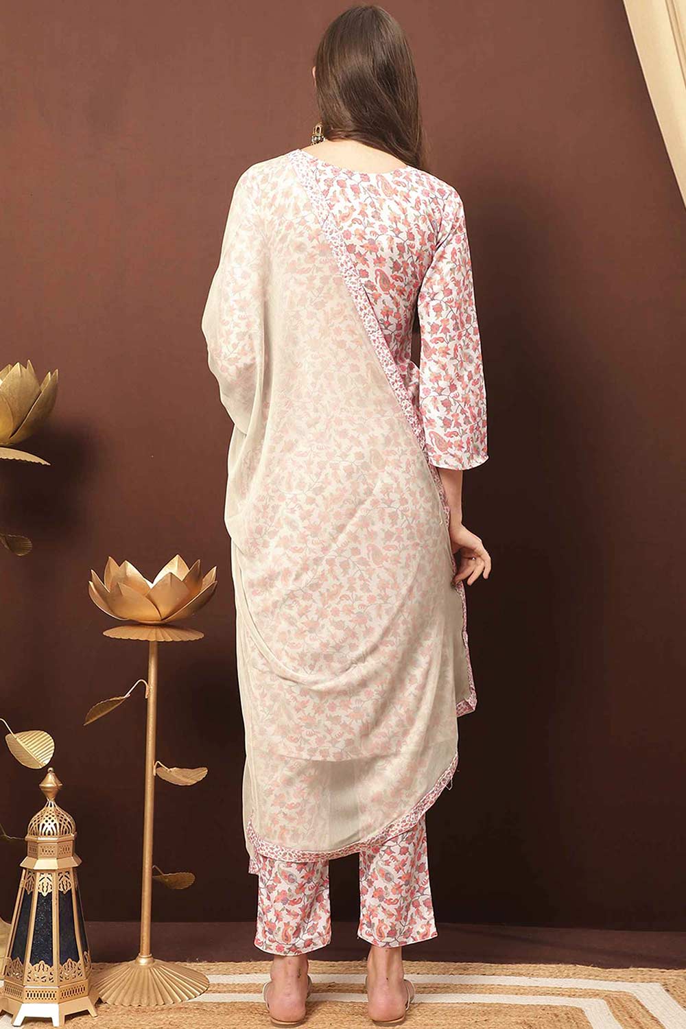 Buy Off White Cotton Blend Digital Printed Dress Material Online - Back