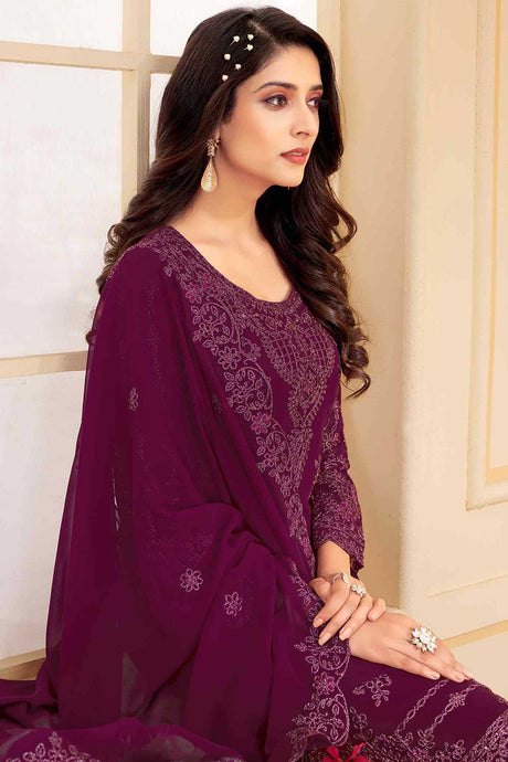 Buy Wine Georgette Embroidered Dress Material Online - Back
