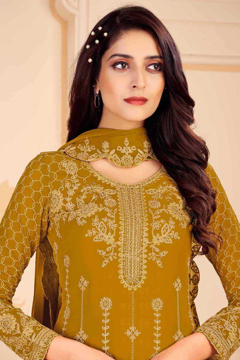 Buy Mustard Georgette Embroidered Dress Material Online - Back