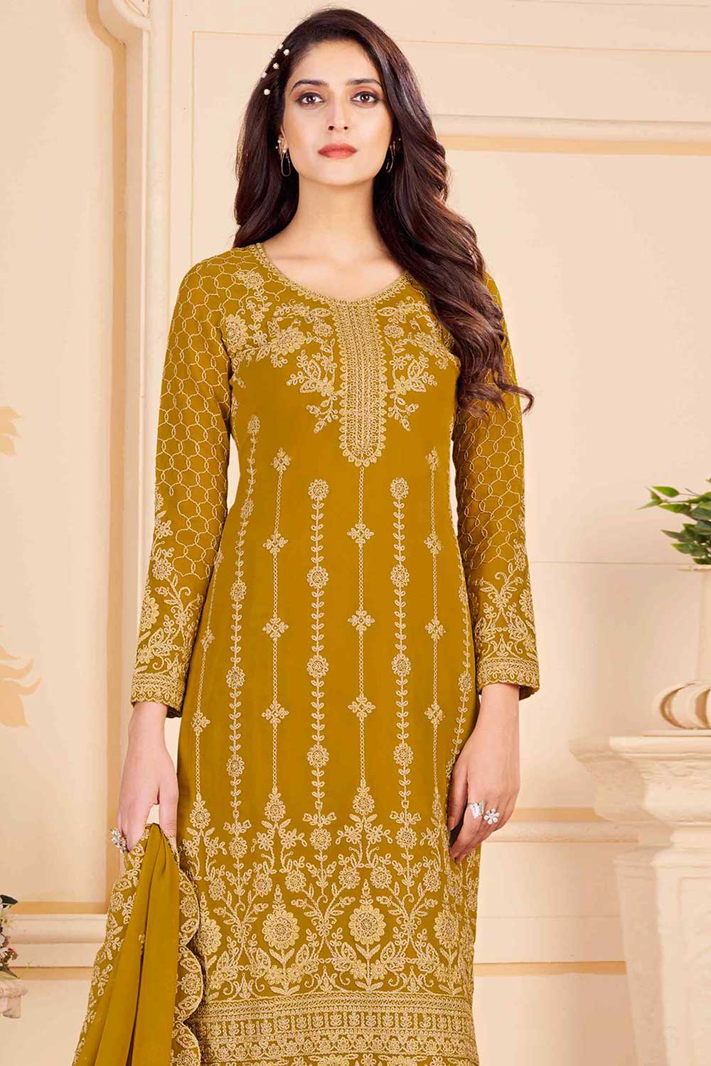 Buy Mustard Georgette Embroidered Dress Material Online - Front