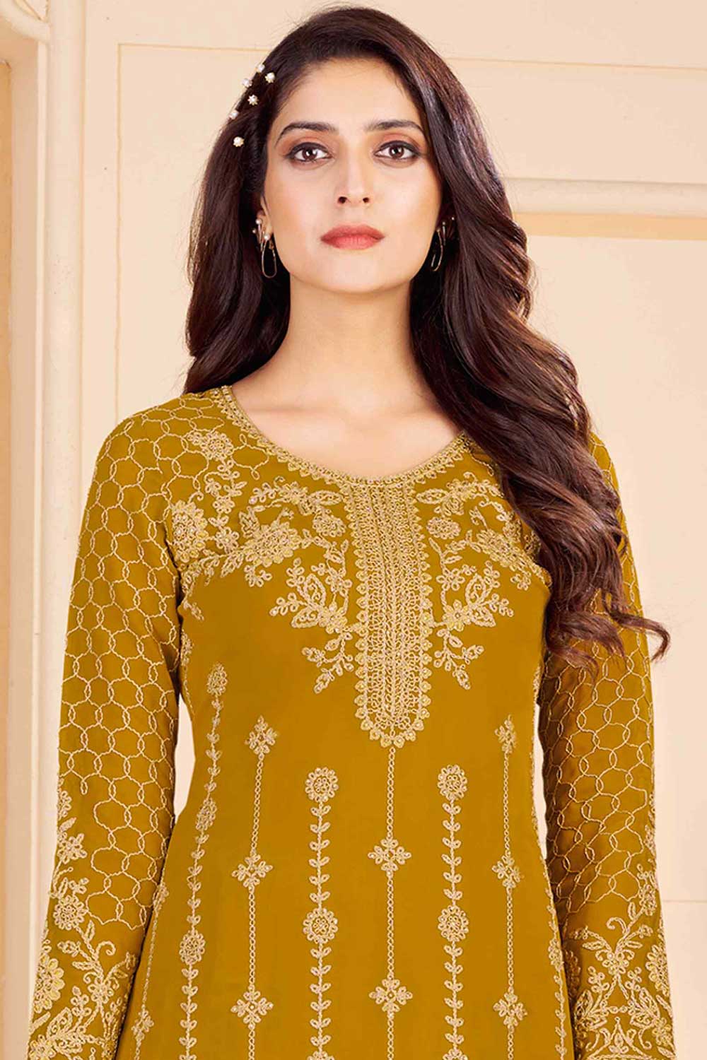 Buy Mustard Georgette Embroidered Dress Material Online - Side