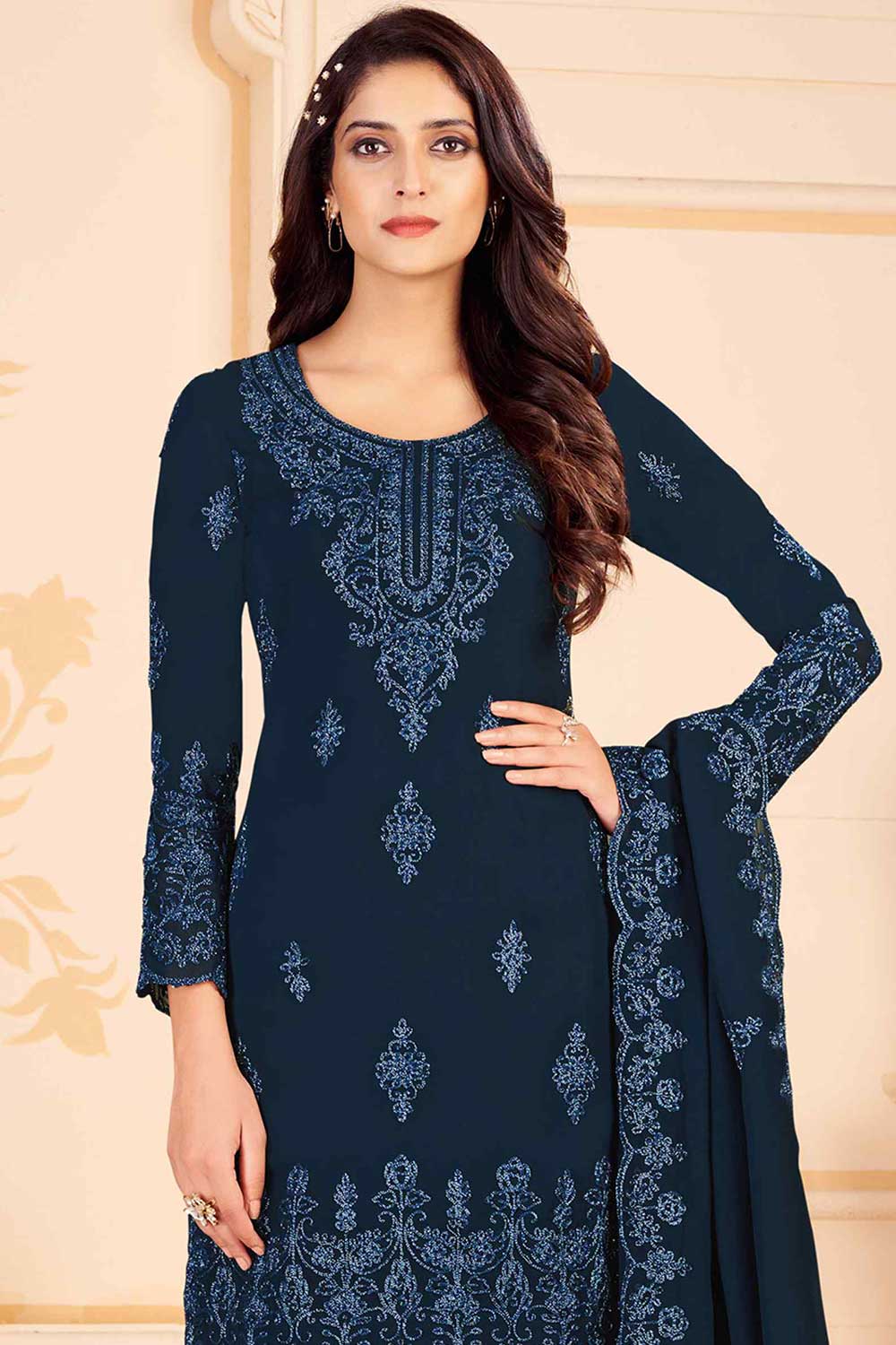 Buy Navy Blue Georgette Embroidered Dress Material Online - Side