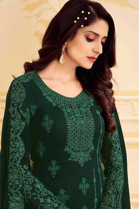 Buy Green Georgette Embroidered Dress Material Online - Back