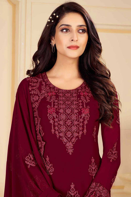 Buy Maroon Georgette Embroidered Dress Material Online - Back