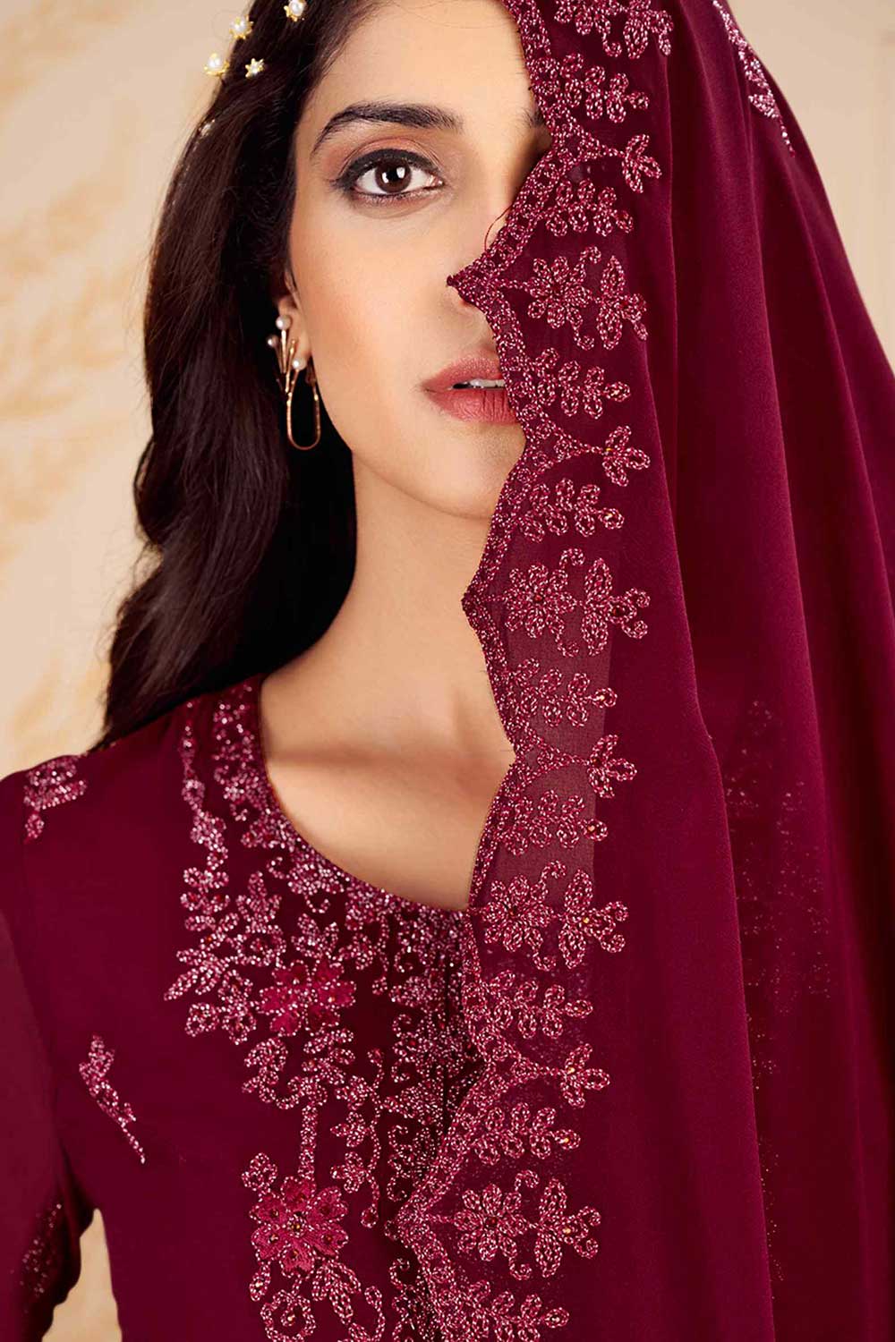 Buy Maroon Georgette Embroidered Dress Material Online - Front