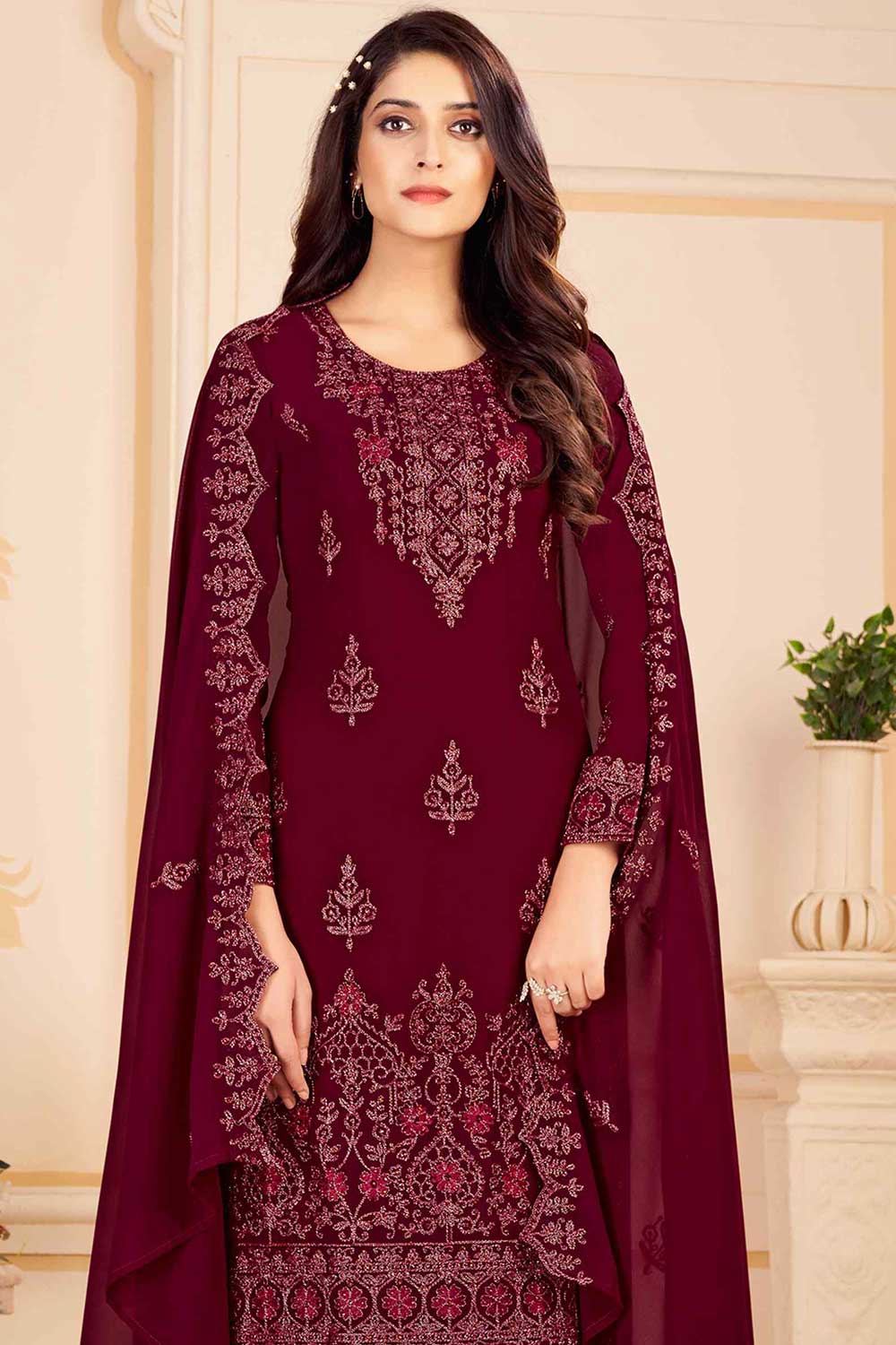 Buy Maroon Georgette Embroidered Dress Material Online - Side