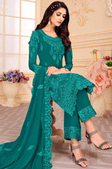 Buy Green Georgette Embroidered Dress Material Online - Front
