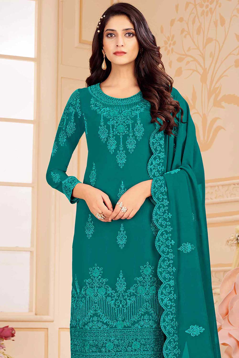 Buy Green Georgette Embroidered Dress Material Online - Side