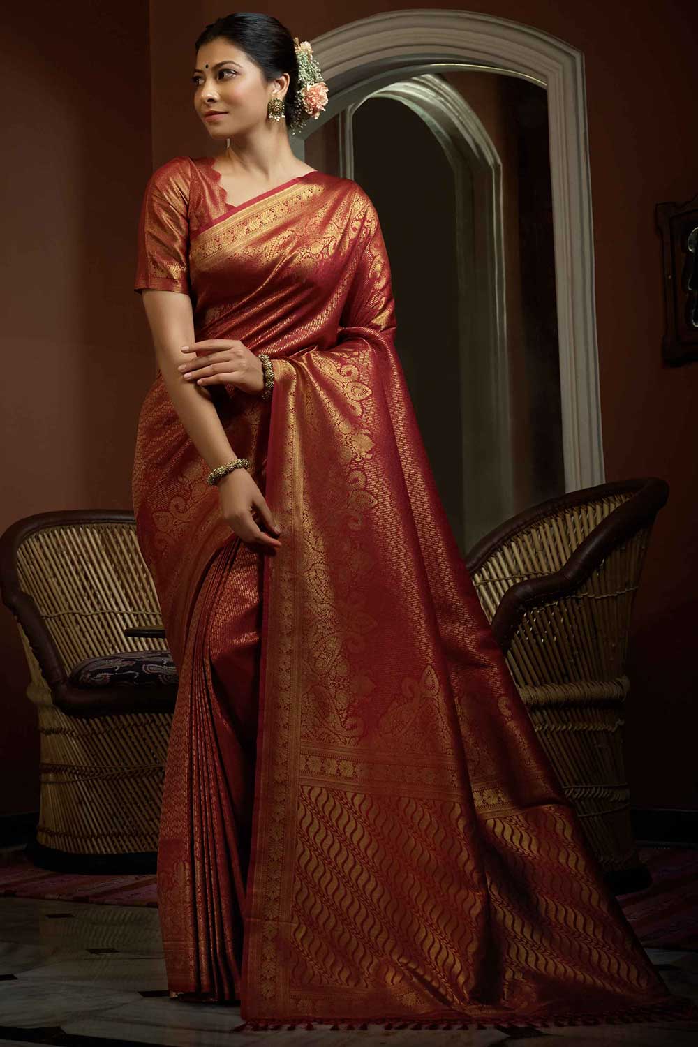 Red Art Silk Woven Saree