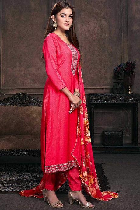 Buy Magenta Muslin Embroidered Dress Material Online - Back