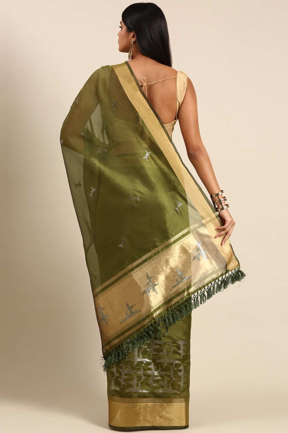 Bottle Green Silk Blend Abstract Embroidered sarees
