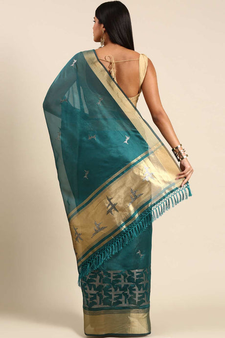 Green Silk Blend Abstract Embroidered Saree