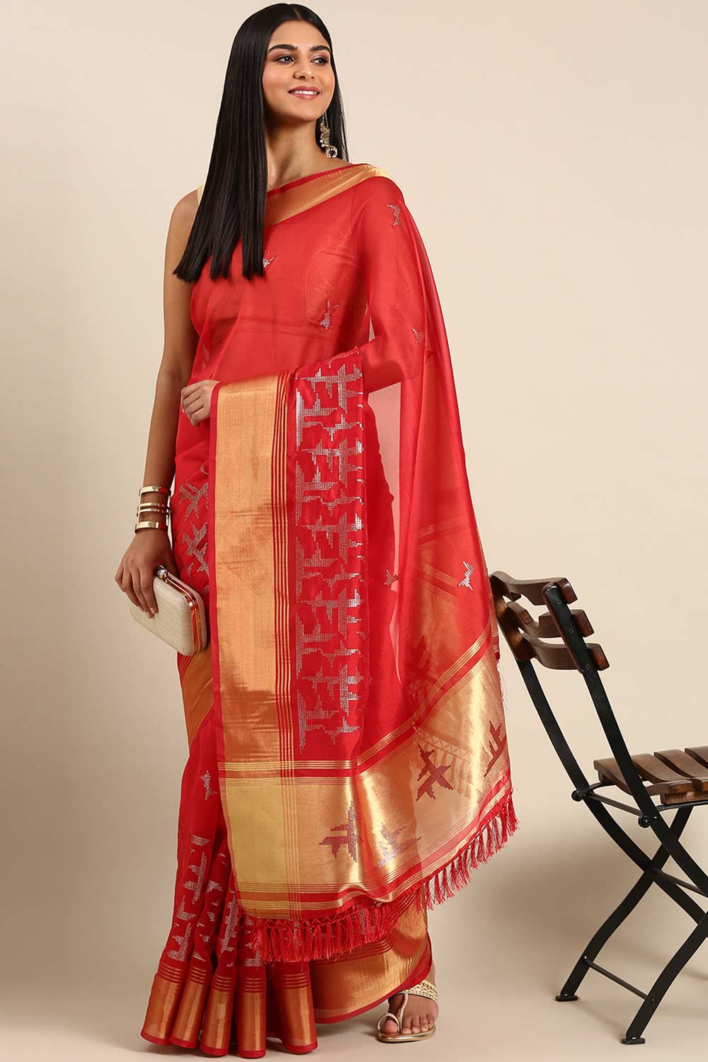 Red Silk Blend Abstract Embroidered Saree