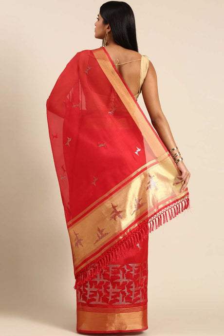 Red Silk Blend Abstract Embroidered Saree