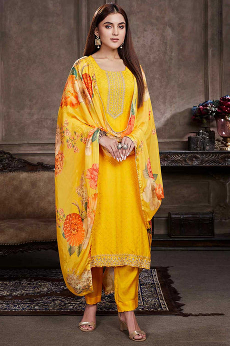 Buy Yellow Muslin Embroidered Kurta Suit Set Online