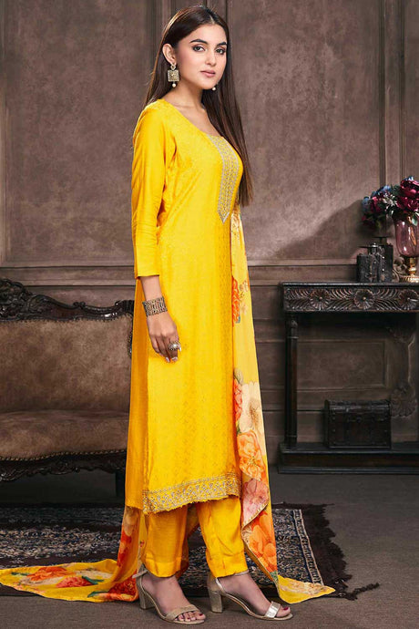 Buy Yellow Muslin Embroidered Dress Material Online - Back