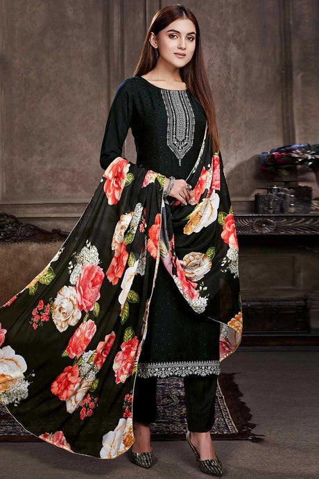 Buy Black Muslin Embroidered Kurta Suit Set Online